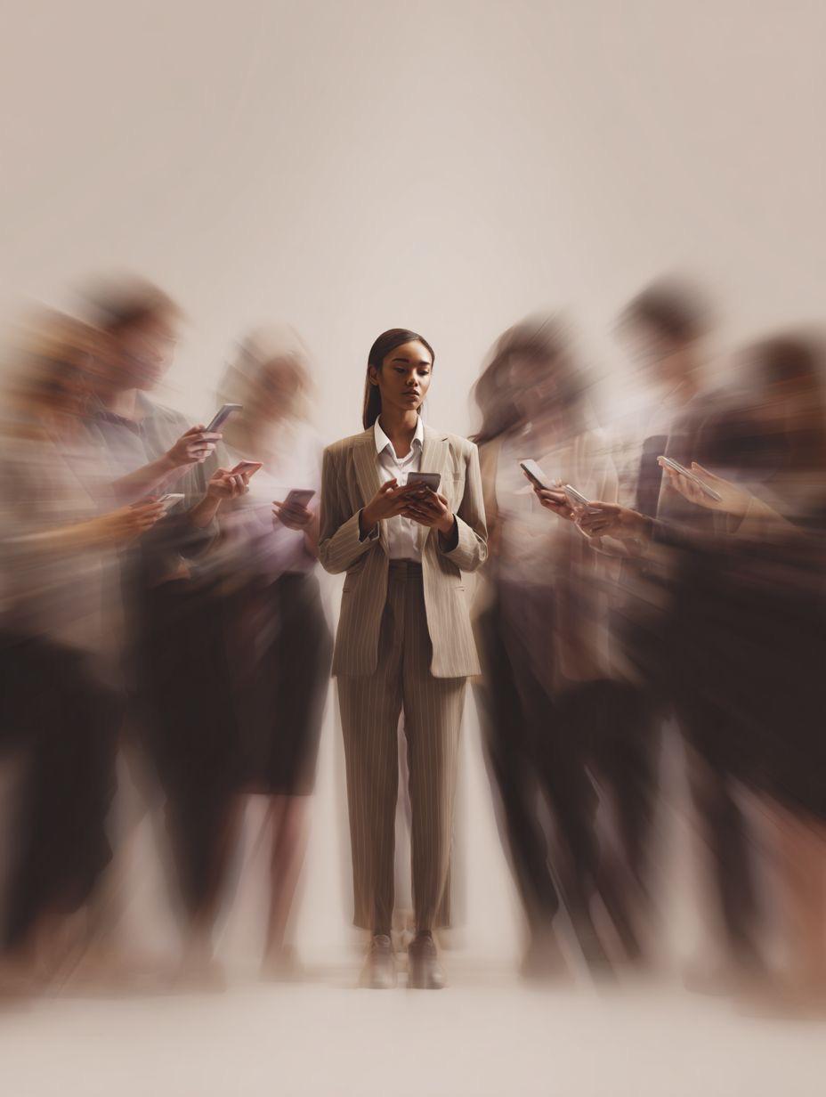 A confident graduate stands apart from a blurred crowd, representing standing out through her employability score
