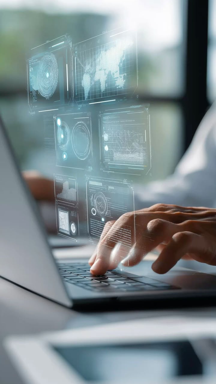 Hands typing on a laptop with data dashboards, representing hands-on virtual work experience