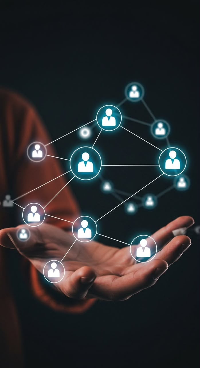 A hand presenting a connected network of people, representing a pool of rated candidates