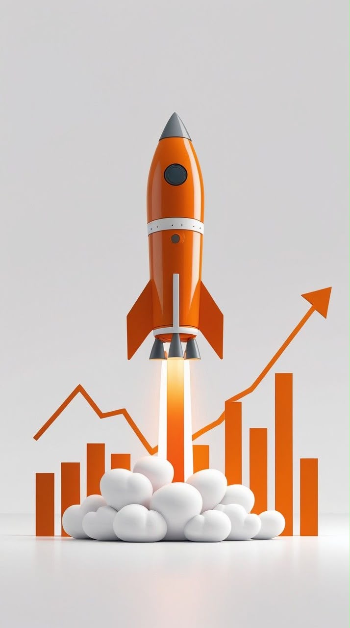 A rocket launching above a rising bar chart, representing a structured growth plan