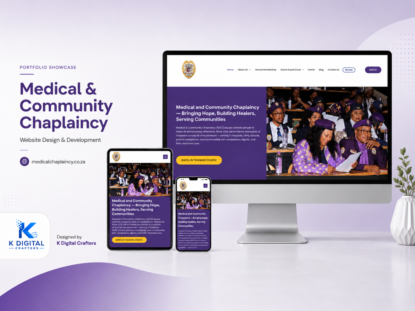 Homepage of the Medical & Community Chaplaincy website shown on desktop and mobile